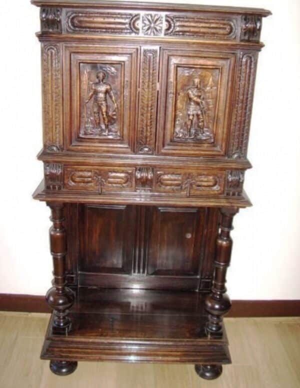 Oak Livery Cabinet On Stand Carved Panels & Drawer Bun Feet Antique Cupboards 3