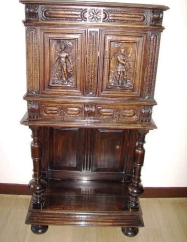 Oak Livery Cabinet On Stand Carved Panels & Drawer Bun Feet