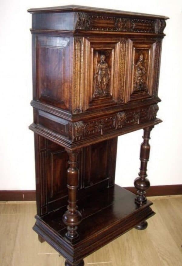 Oak Livery Cabinet On Stand Carved Panels & Drawer Bun Feet Antique Cupboards 4