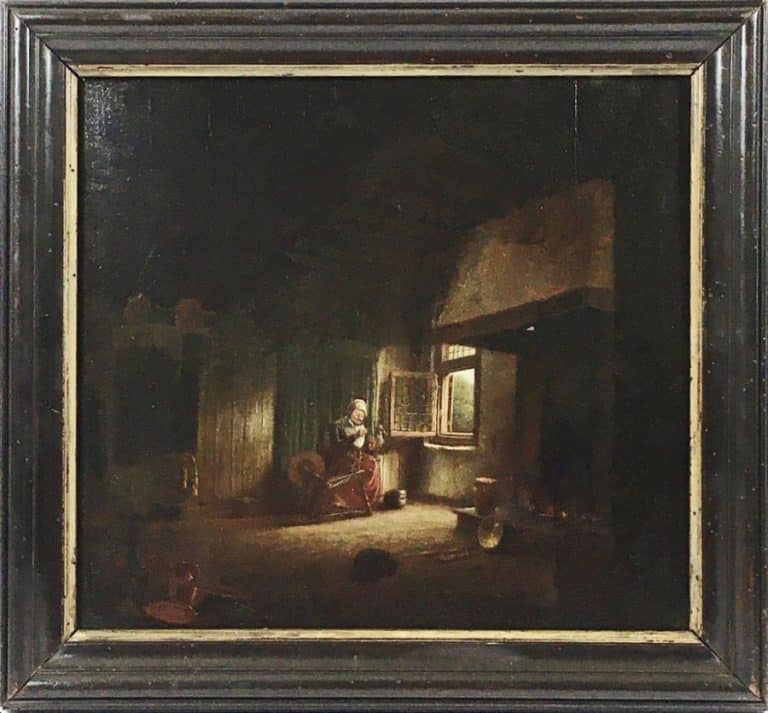 18thc Dutch Oil On Oak Panel Old Lady Spinner Manner Of Quirijn Van Brekelenkamp Interior Scene Portrait Painting.