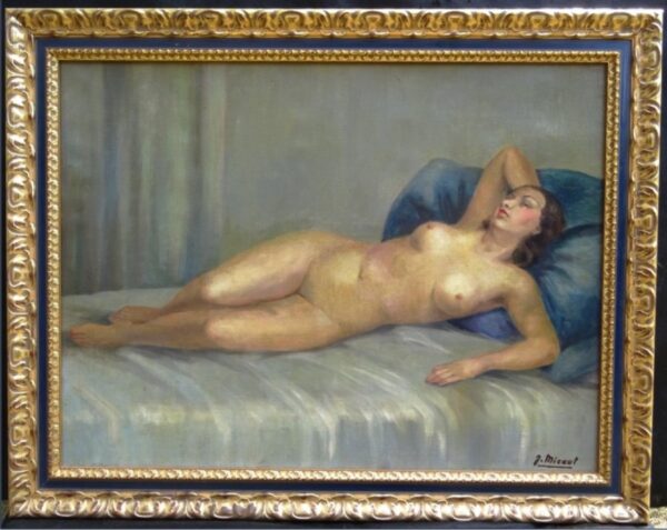 Art Deco Oil Portrait Painting Nude Lady Lying On Bed Signed Antique Art 6