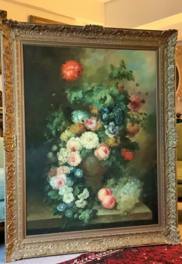 Still Life Flowers & Fruit Oil Painting On Canvas Dutch Manner