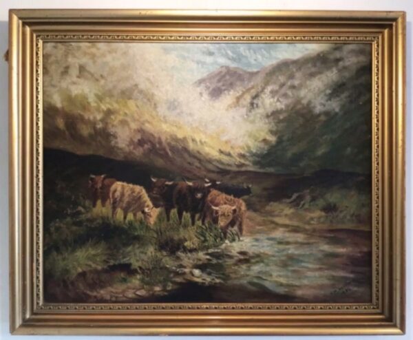 Highland Cattle Oil Painting Antique Art 3
