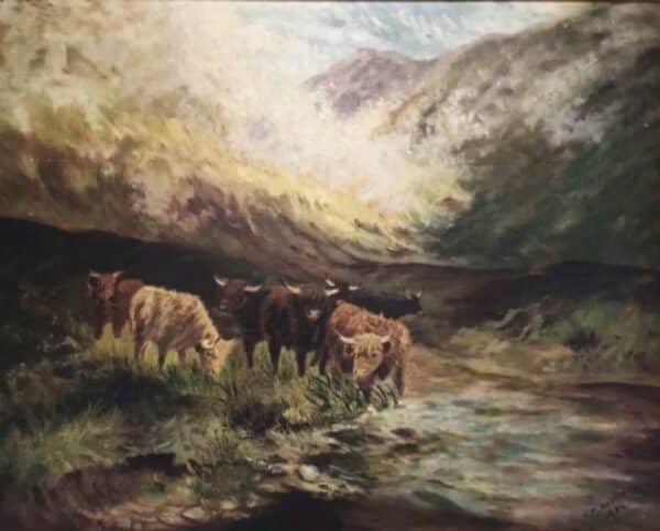 Highland Cattle Oil Painting Antique Art 6