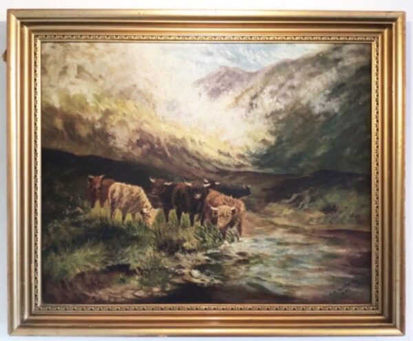Highland Cattle Oil Painting Antique Art 4