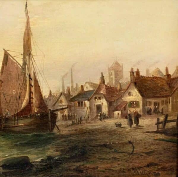 19th Dutch Coastal Seascape Marine Landscape Oil Painting Antique Art 7