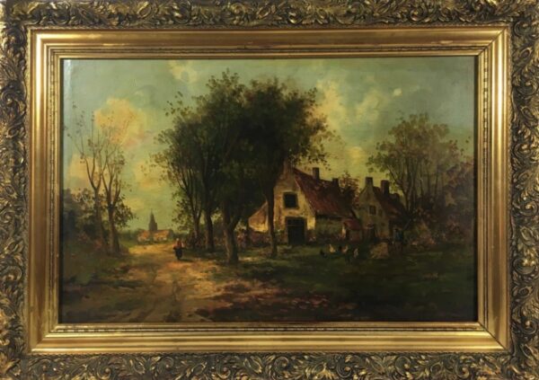 Barbizon School French Rural Farmyard Scene 19th Century Landscape Oil Painting On Panel