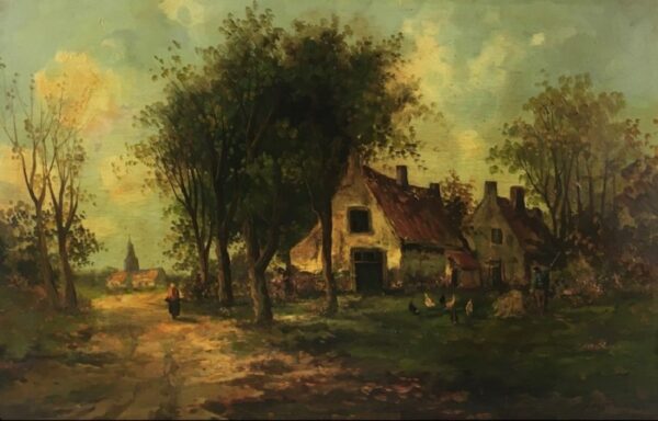 Barbizon School French Rural Farmyard Scene 19th Century Landscape Oil Painting On Panel Antique Art 12