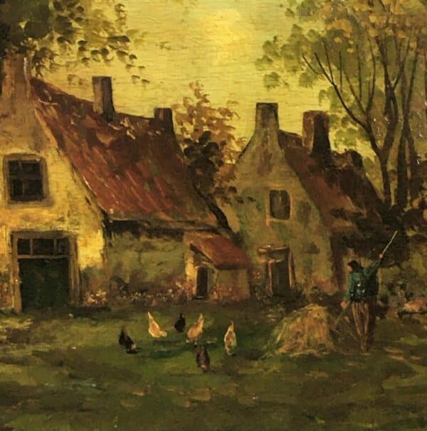 Barbizon School French Rural Farmyard Scene 19th Century Landscape Oil Painting On Panel - Image 9