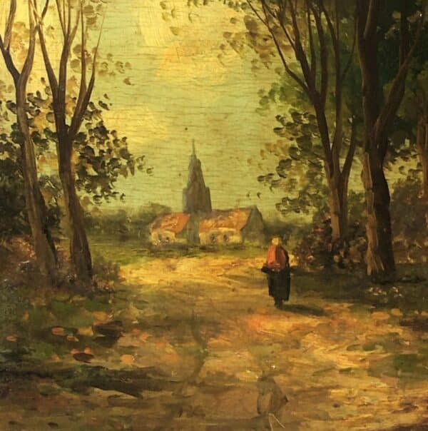 Barbizon School French Rural Farmyard Scene 19th Century Landscape Oil Painting On Panel - Image 8