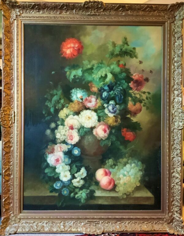 Still Life Flowers & Fruit Oil Painting On Canvas Dutch Manner - Image 4