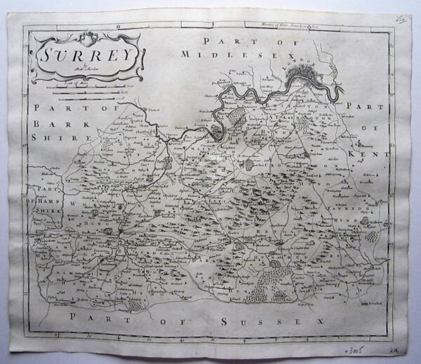 A charming map of the county of Surrey by Robert Morden.