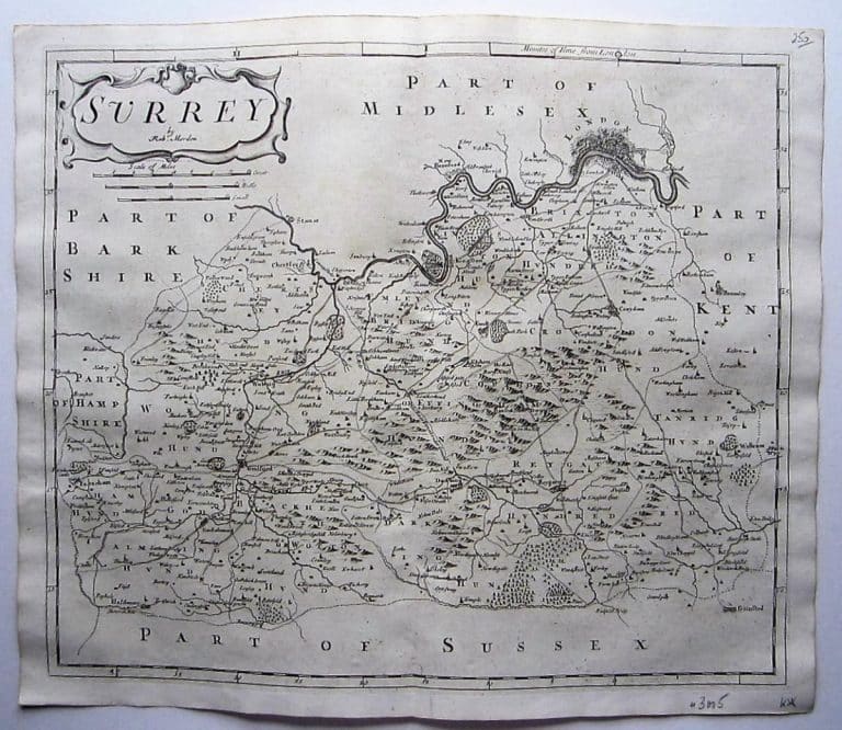 A charming map of the county of Surrey by Robert Morden.