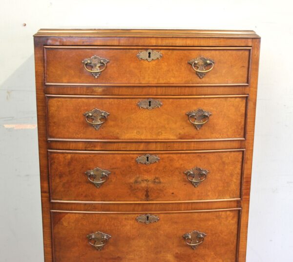 Antique Burr Walnut Bow Fronted Chest of Drawers - Image 4