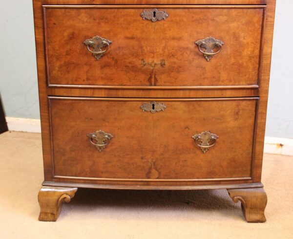 Antique Burr Walnut Bow Fronted Chest of Drawers - Image 7