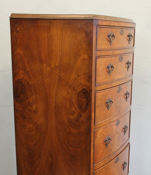 Antique Burr Walnut Bow Fronted Chest of Drawers - Image 9