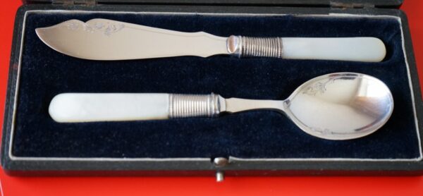 A Vintage Boxed Mother of Pearl Butter Knife & Preserve ( Jam ) Spoon Set / Ideal Gift / Present Boxec Cutlery Set Antique Silver 8