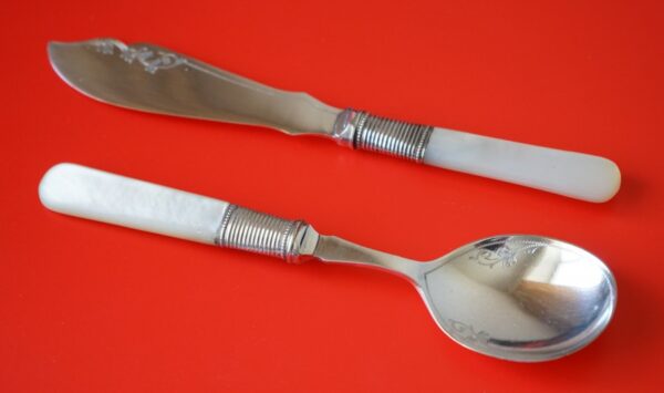 A Vintage Boxed Mother of Pearl Butter Knife & Preserve ( Jam ) Spoon Set / Ideal Gift / Present Boxec Cutlery Set Antique Silver 7
