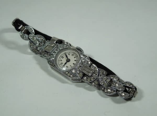 Ladies Art Deco Silver & Diamante Cocktail Watch HM 1937 Antique Jewellery 3