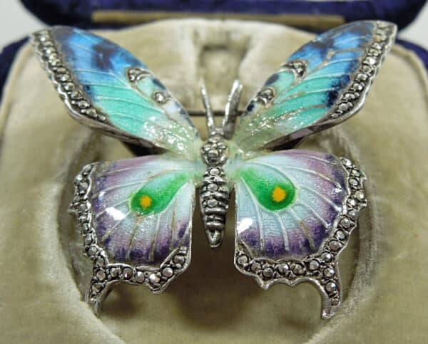 Silver, Enamel & Marcasite Butterfly Brooch Antique Jewellery 4