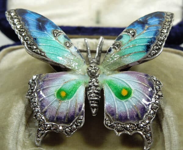 Silver, Enamel & Marcasite Butterfly Brooch Antique Jewellery 3