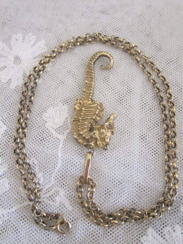 Vintage Denmark "Flora Danka"Oria Eggert Silver Gilt "Seahorse"Pendant & Chain - Image 6
