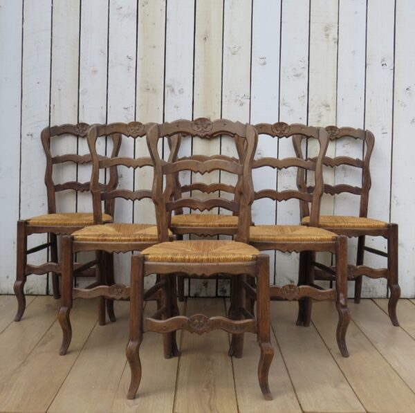 Set Of Six Oak & Rush Seated Dining Chairs