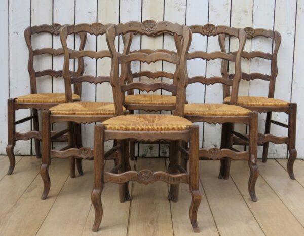Set Of Six Oak & Rush Seated Dining Chairs - Image 7