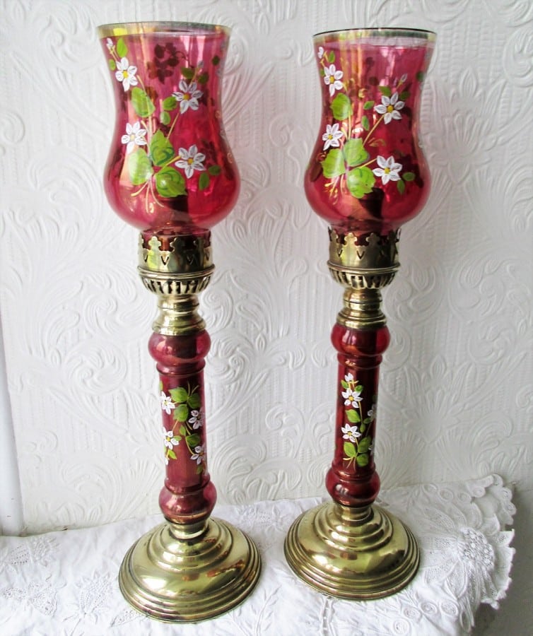 Pair of Antique English Victorian Brass and Glass Candle-lamps