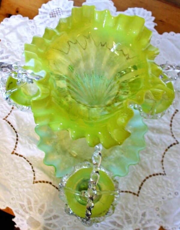 Antique English Victorian Green Vaseline Glass Epergne Vaseline Antique Glassware 7