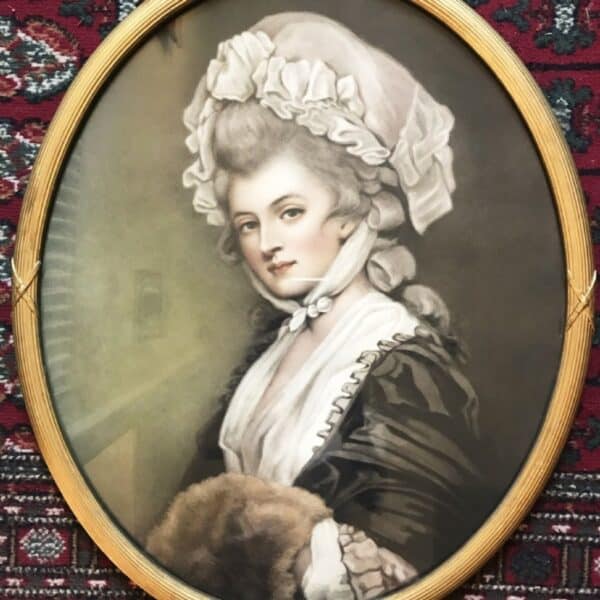19thc Glazed Portrait Print Of Young Lady Wearing Bonnet After Original Oil Painting