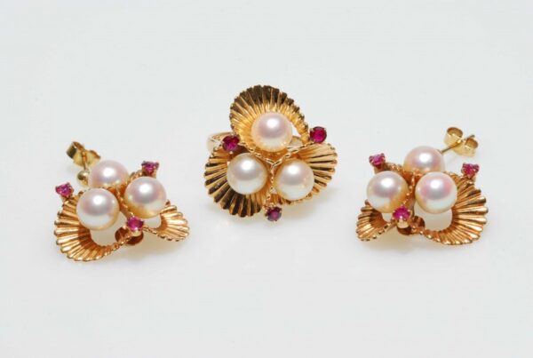 Vintage 1950's 14K Akoya Pearl and Ruby "Spanish Dancer" Cocktail Ring and Earring Jewellery set,1950's Pearl and Ruby set, Pearl and Ruby