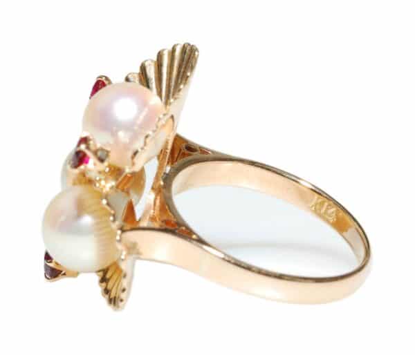 Vintage 1950's 14K Akoya Pearl and Ruby "Spanish Dancer" Cocktail Ring and Earring Jewellery set,1950's Pearl and Ruby set, Pearl and Ruby - Image 3
