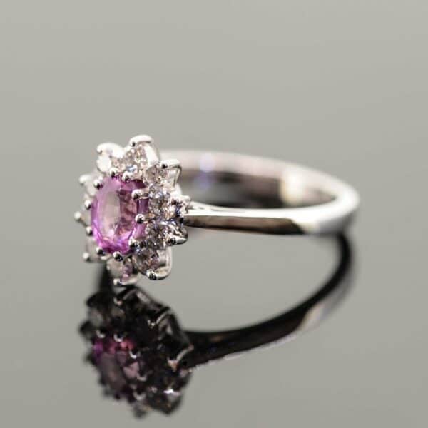18ct White Gold Pink Sapphire & Diamond Cluster Ring,Pink Sapphire and Diamond Cluster Ring,18ct Pink Sapphire and Diamond Ring. Diamond Antique Jewellery 4