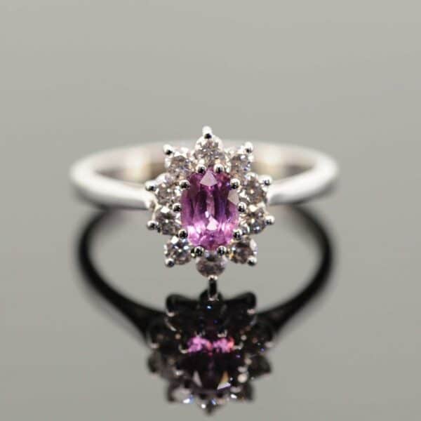 18ct White Gold Pink Sapphire & Diamond Cluster Ring,Pink Sapphire and Diamond Cluster Ring,18ct Pink Sapphire and Diamond Ring. Diamond Antique Jewellery 3