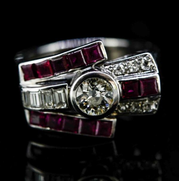 18ct Art Deco Ruby & Diamond Cocktail Ring,Calibre Cut Ruby and Diamond Art Deco RIng