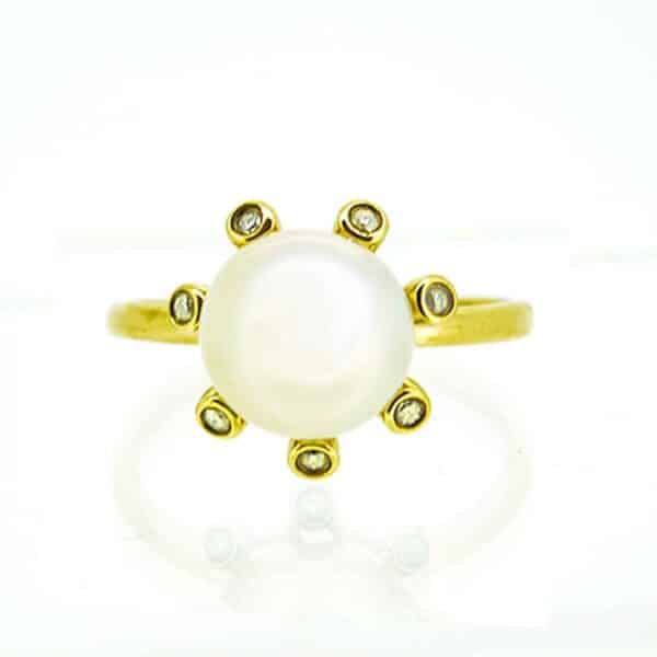 9ct Pearl and DIamond Cluster Ring,Satellite Diamond Collet Design Pearl Ring,Modern Pearl And Diamond Ring - Image 2