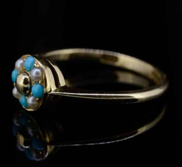 Antique 9ct Pearl And Turquoise Cluster Ring,Edwardian Pearl And Turquoise Cluster Ring,Rose Gold Antique Pearl And Turquoise Ring - Image 2