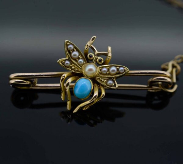 Antique 9ct Gem Set Insect Brooch,9ct Bug Brooch,Almandine Garnet,Pearl & Turquoise Insect Brooch
