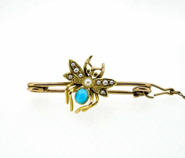 Antique 9ct Gem Set Insect Brooch,9ct Bug Brooch,Almandine Garnet,Pearl & Turquoise Insect Brooch - Image 2