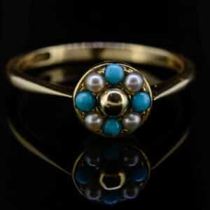 Antique 9ct Pearl And Turquoise Cluster Ring,Edwardian Pearl And Turquoise Cluster Ring,Rose Gold Antique Pearl And Turquoise Ring ring Antique Jewellery