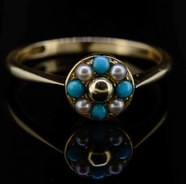 Antique 9ct Pearl And Turquoise Cluster Ring,Edwardian Pearl And Turquoise Cluster Ring,Rose Gold Antique Pearl And Turquoise Ring