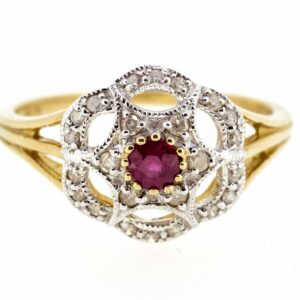 9ct Ruby And Diamond Antique Style Ring| Ruby and Diamond Antique Style Engagement Ring| Edwardian Style Ruby And Diamond Cluster Ring ring Antique Jewellery