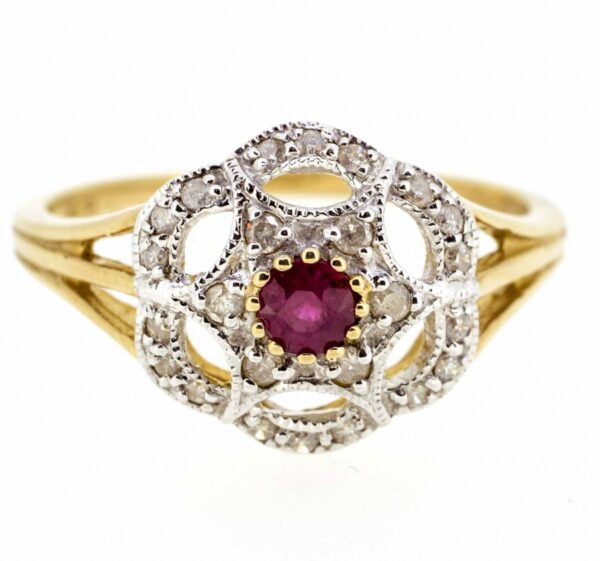 9ct Ruby And Diamond Antique Style Ring| Ruby and Diamond Antique Style Engagement Ring| Edwardian Style Ruby And Diamond Cluster Ring