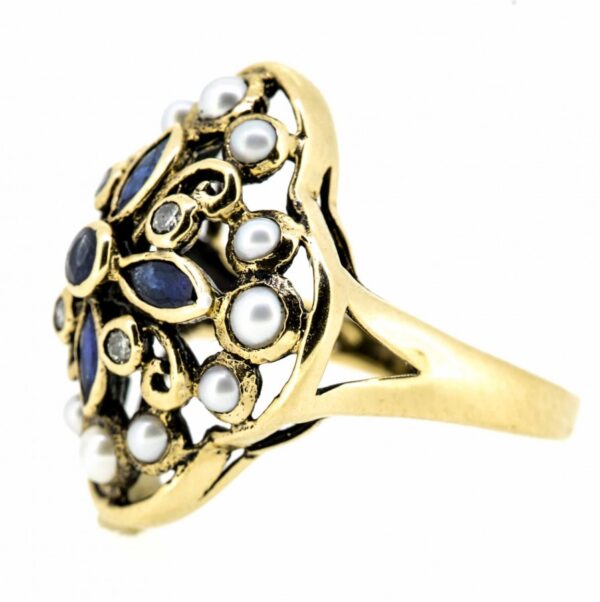 9ct Antique Large Sapphire Diamond And Pearl Ring|Sapphire Pearl And Diamond Vintage Style Ring |Large Antique Style 9ct Multi-Stone Ring - Image 2