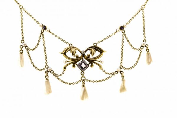 Exquisite Antique Art Nouveau Natural Pearl Amethyst And Diamond Necklace|10K Art Nouveau Necklace |Antique Art Nouveau Pearl Necklace ring Antique Jewellery 5