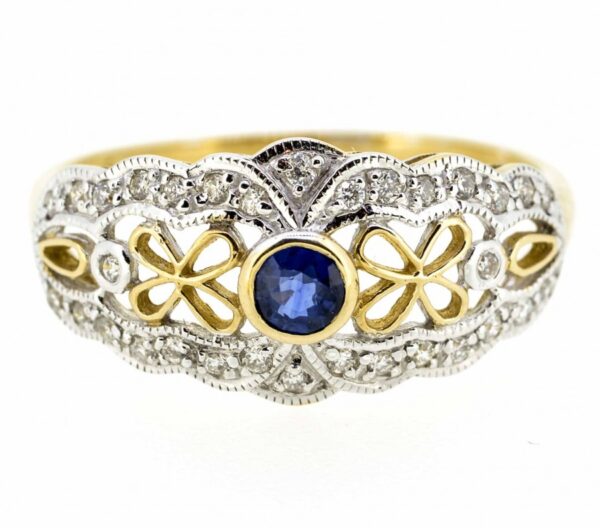 9ct Antique Style Sapphire And Diamond Ring| 9K Sapphire And Diamond Fancy Antique Ring| Sapphire And Diamond Engagement Ring