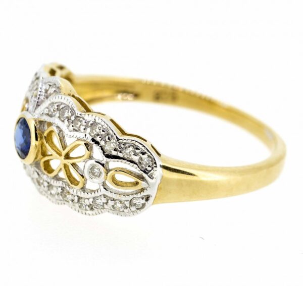 9ct Antique Style Sapphire And Diamond Ring| 9K Sapphire And Diamond Fancy Antique Ring| Sapphire And Diamond Engagement Ring - Image 2