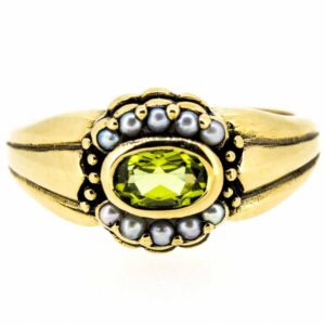 9ct Antique Style Peridot And Seed Pearl | Peridot And Seed Pearl 9ct Vintage Style Ring|Pearl And Peridot Cluster Dress Ring ring Antique Jewellery