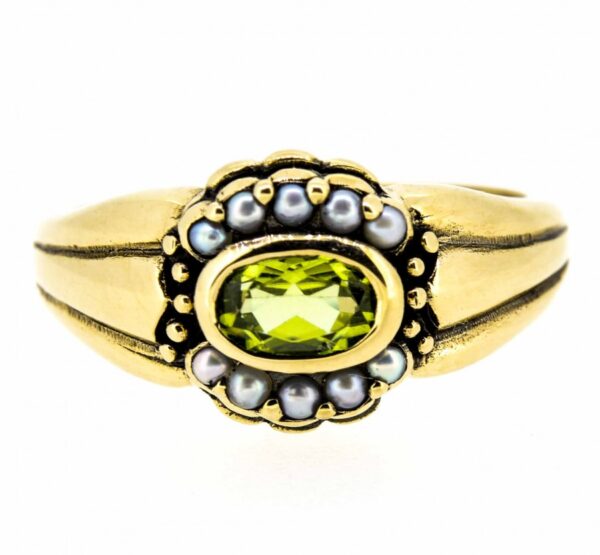9ct Antique Style Peridot And Seed Pearl | Peridot And Seed Pearl 9ct Vintage Style Ring|Pearl And Peridot Cluster Dress Ring ring Antique Jewellery 3